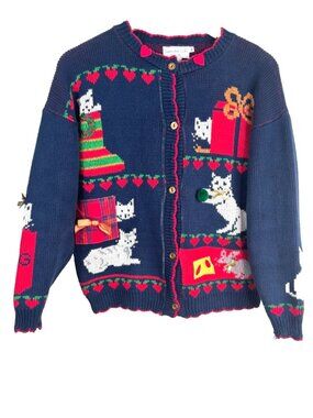 VTG 90s Sweater Loft Christmas Cat Cardigan M 100% Cotton Granny Mouse Cheese 3D